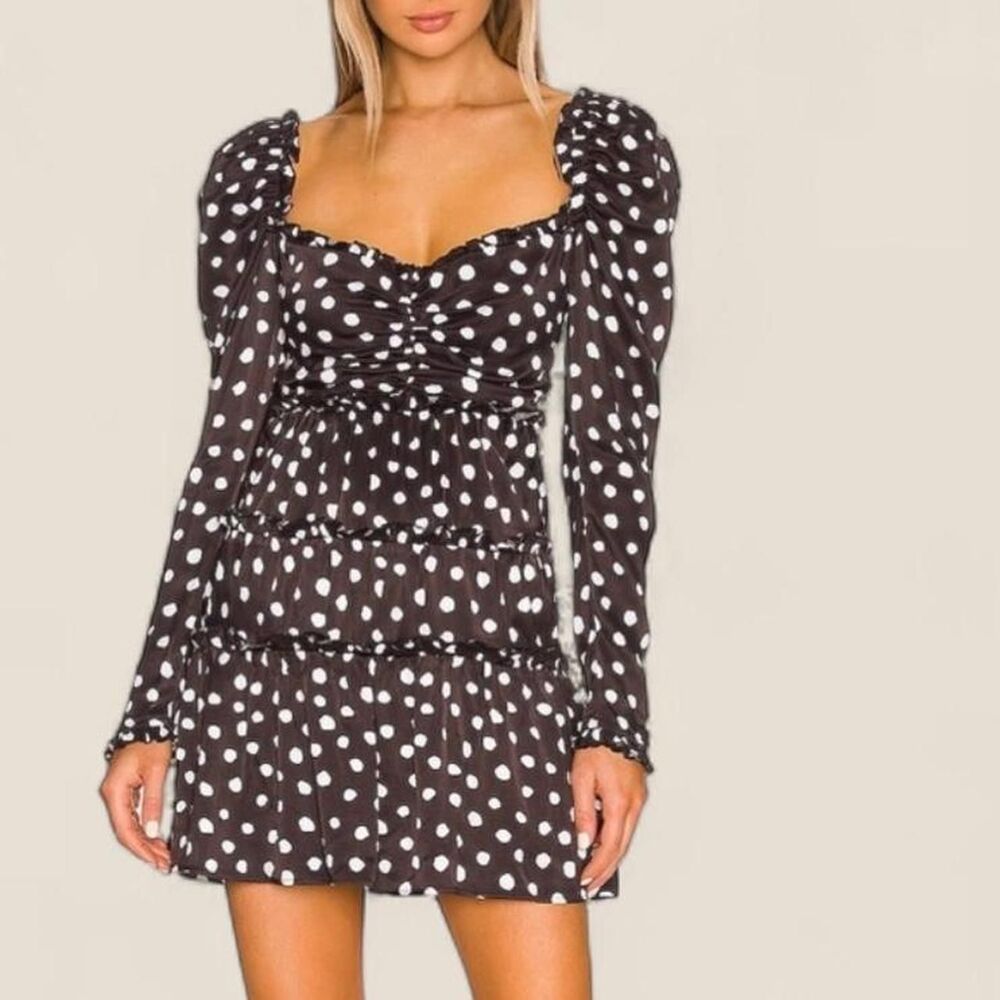 Majorelle black polka dot mini dress with ruffle details and tie-up front Small